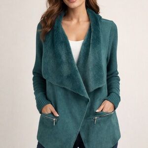 Twelfth Love Teal Knit Sleeve Moto Style Jacket Open Front with Faux Fur Size M